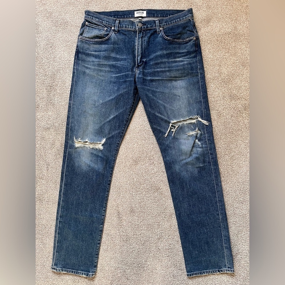 Mens Agolde Jeans Size 36x32 Blade Slim Straight Fit Distressed Denim